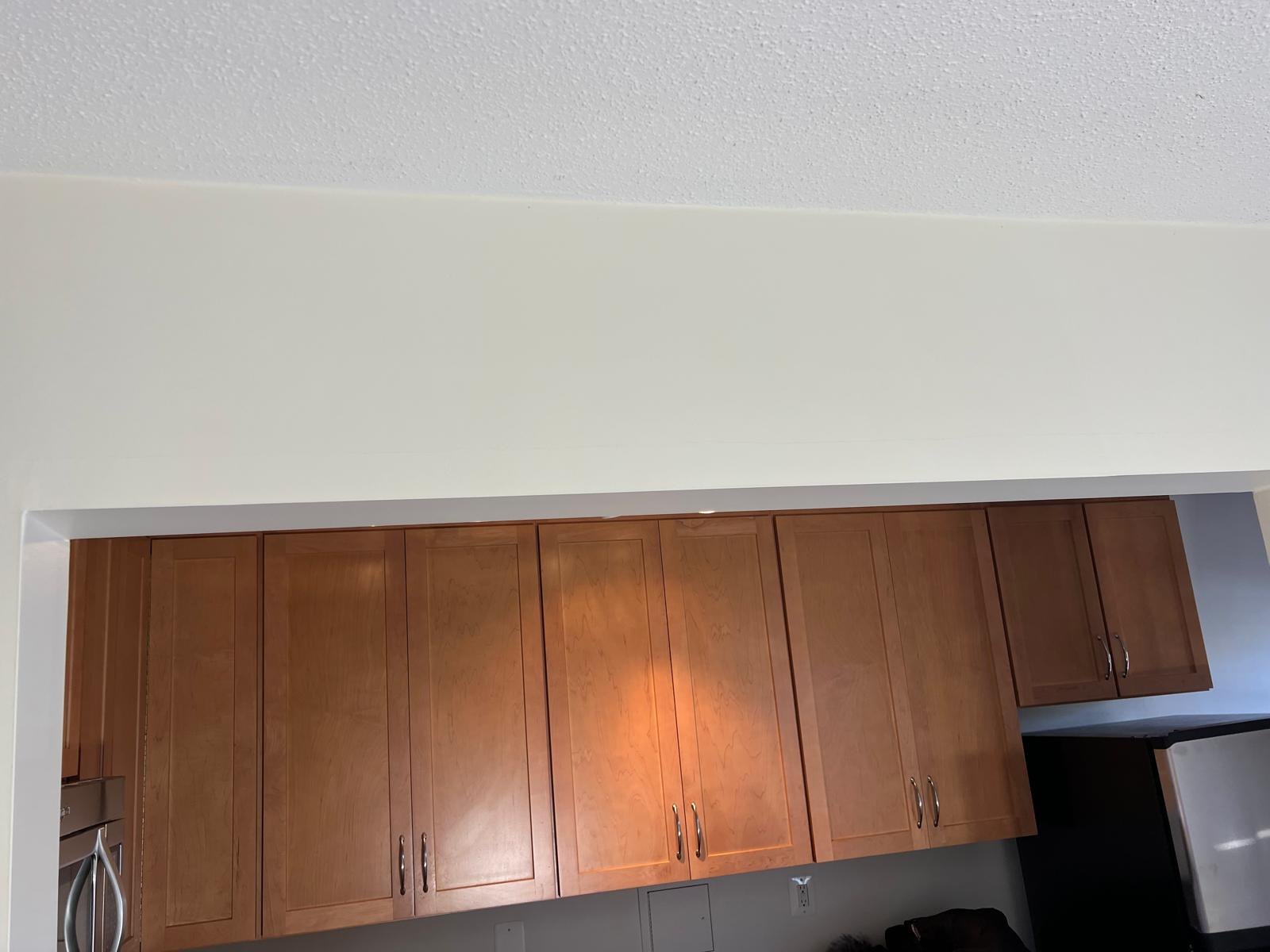 The existing kitchen cabinets with brown timber doors.