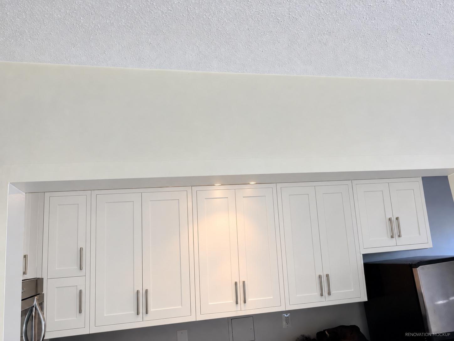 Renovation mockup illustrating the proposed white-door appearance, not a verified completed installation.