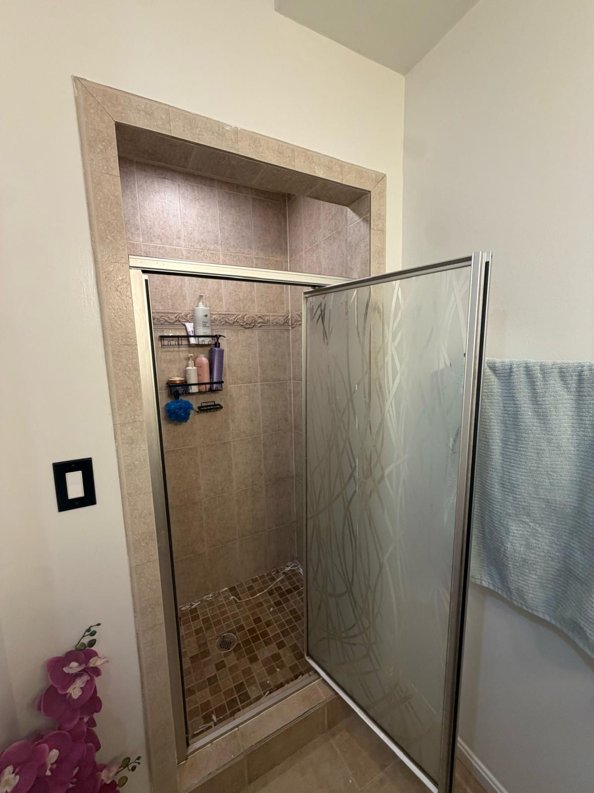 The original shower enclosure and wall tiles before renovation.